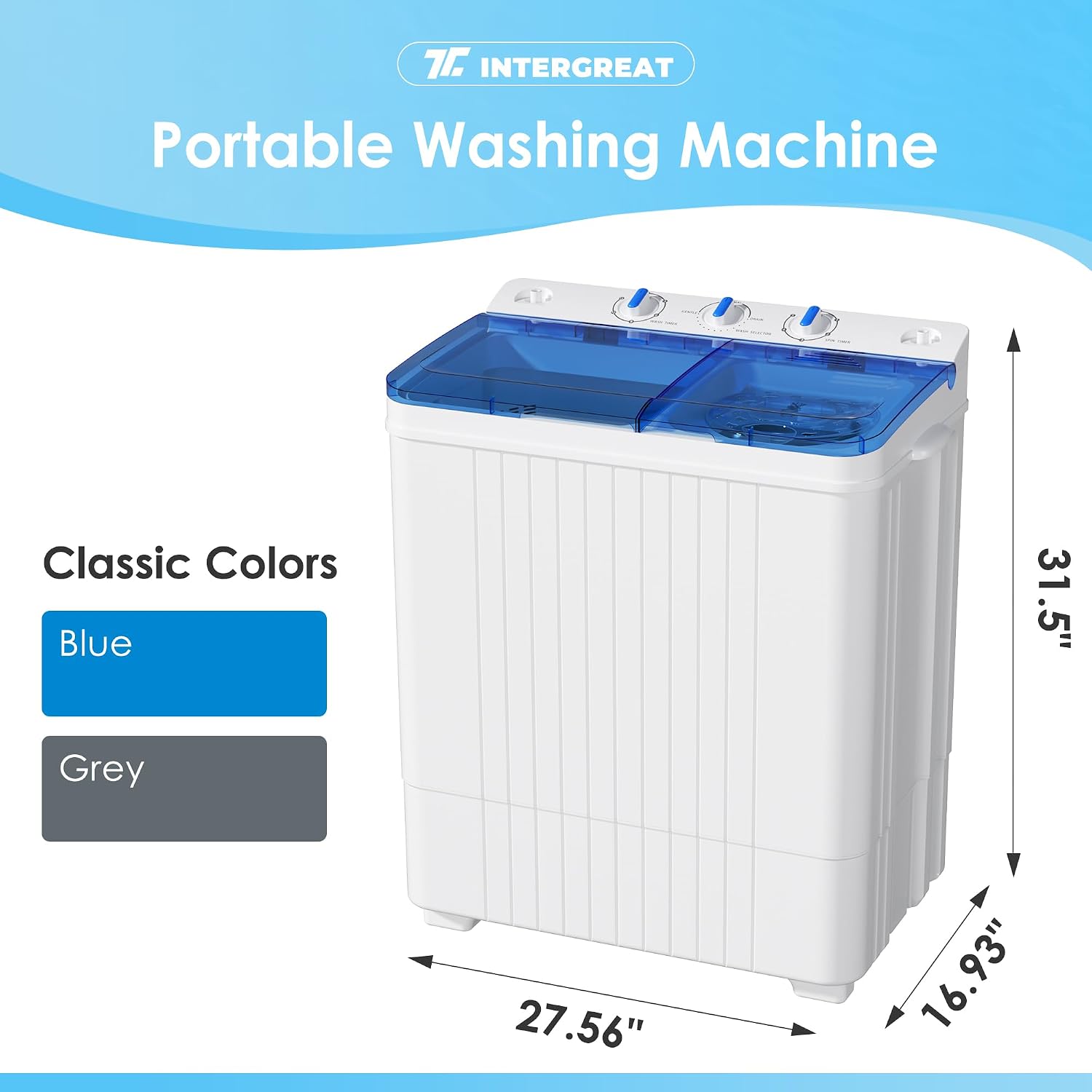 INTERGREAT Portable Washing Machine, 28lbs Compact Twin Tub Washer (18lbs) and Dryer (10lbs) Combo with Timer Knobs, Mini Laundry Washer for Apartments, Dorm, RV, Camping, Blue