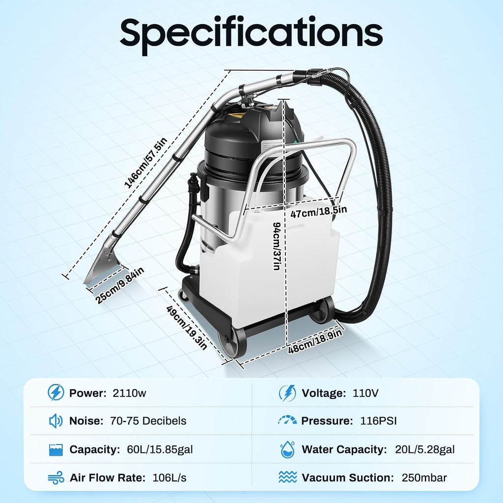 60L/15.85gal Commercial Carpet Cleaner Machine, 2110W Heavy Duty Extractor Vacuum Washing Machine Multifunctional Cleaning Machine With Mobile Tires Carpet Sofa Curtain Cleaner (2 Packages)