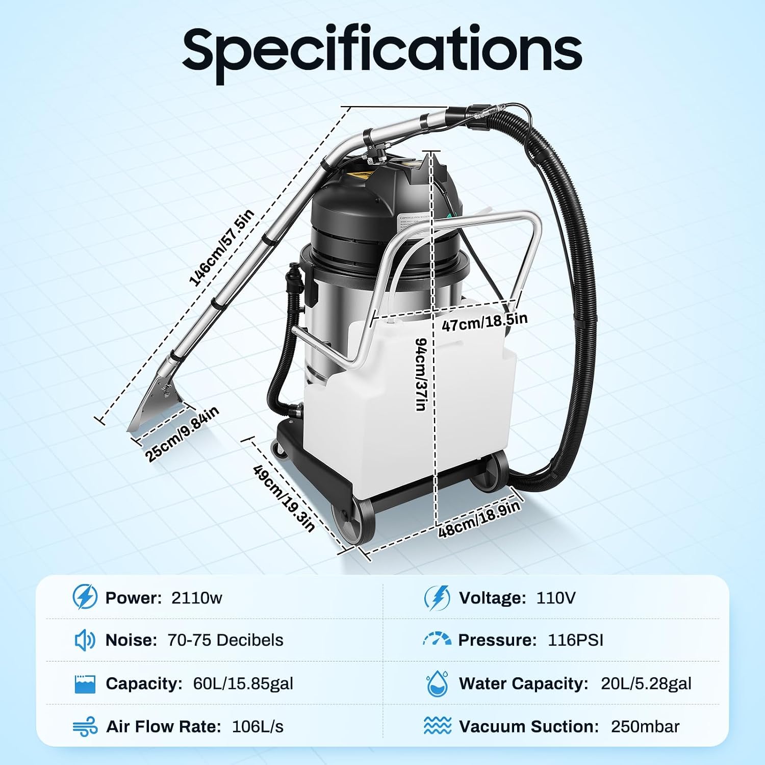 60L/15.85gal Commercial Carpet Cleaner Machine, 2110W Heavy Duty Extractor Vacuum Washing Machine Multifunctional Cleaning Machine With Mobile Tires Carpet Sofa Curtain Cleaner (2 Packages)