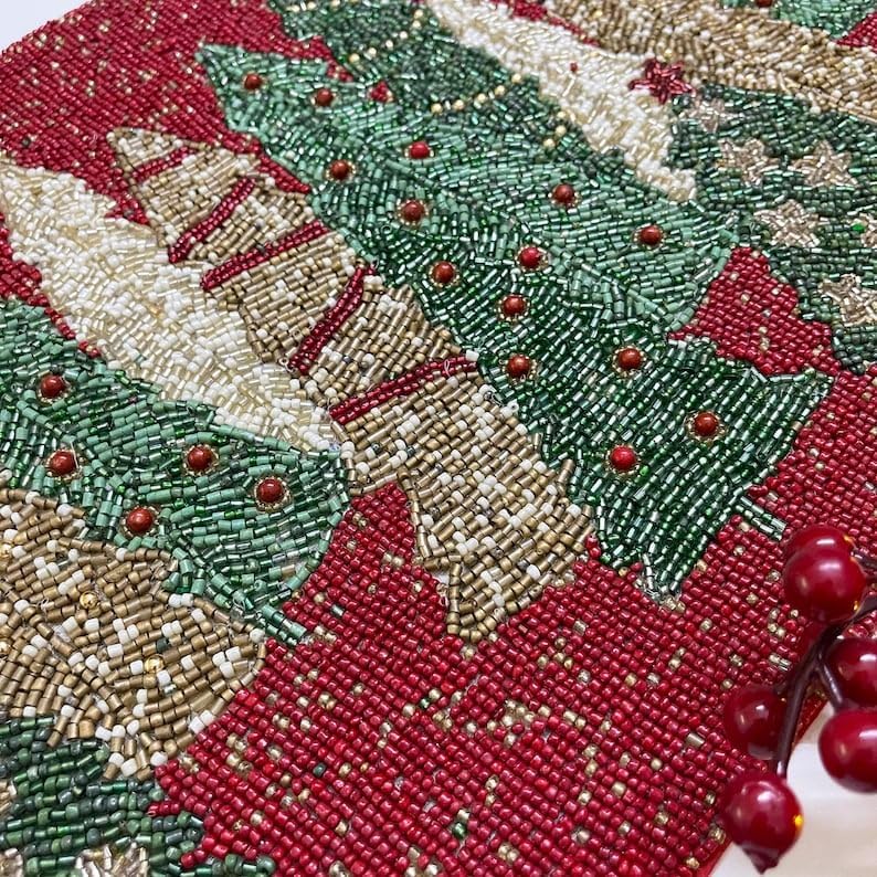 Handmade Christmas Tree Table Runner, Beaded Runner, Red, Green and Gold, 13x36inch for Christmas Thanksgiving Halloween Party Table Decoration - Multicolor