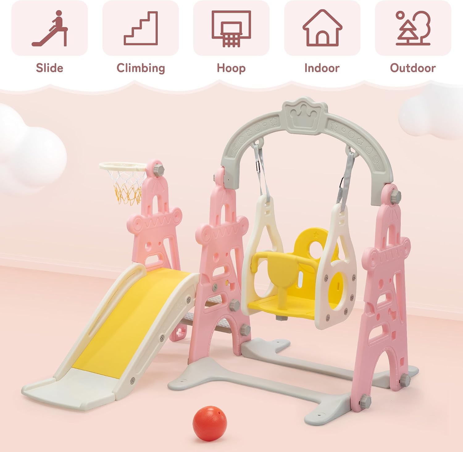 3-in-1 Kids Slide for Toddlers Slide and Swing Set,Indoor Playground for Children,Freestanding Outdoor Slides with Basketball Hoop,Outside Climber Playhouses,Baby Climbing Toys