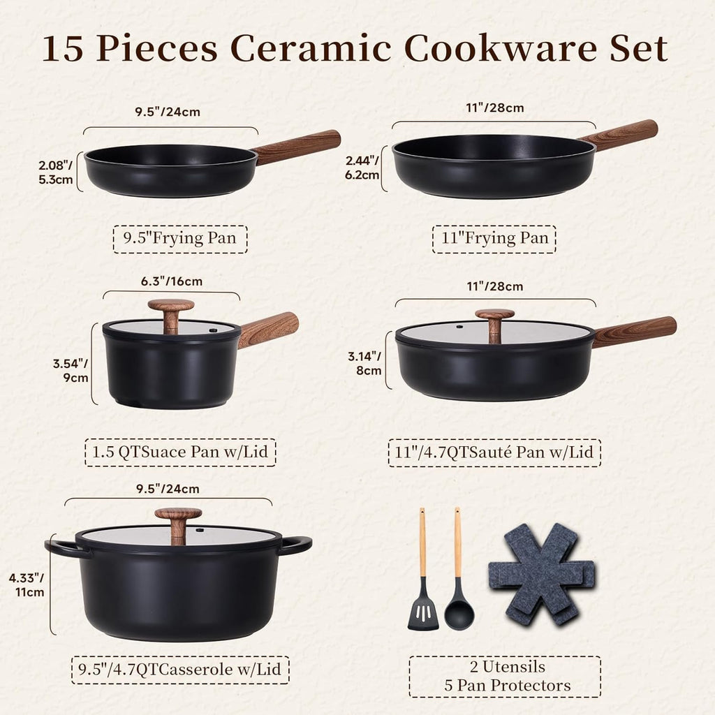 JEETEE Ceramic Cookware Set, 15 PCS Pots and Pans Set Non Stick with Removable Handles, Non Toxic Induction Kitchen Cookware Sets, Oven Safe PFAS/PFOA Free Black