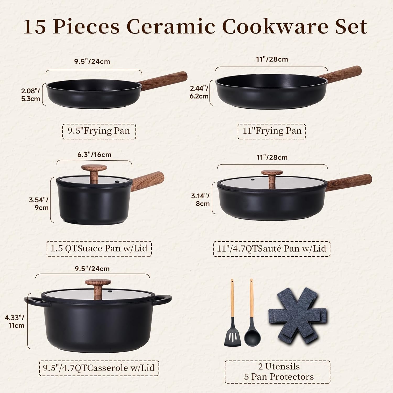JEETEE Ceramic Cookware Set, 15 PCS Pots and Pans Set Non Stick with Removable Handles, Non Toxic Induction Kitchen Cookware Sets, Oven Safe PFAS/PFOA Free Black