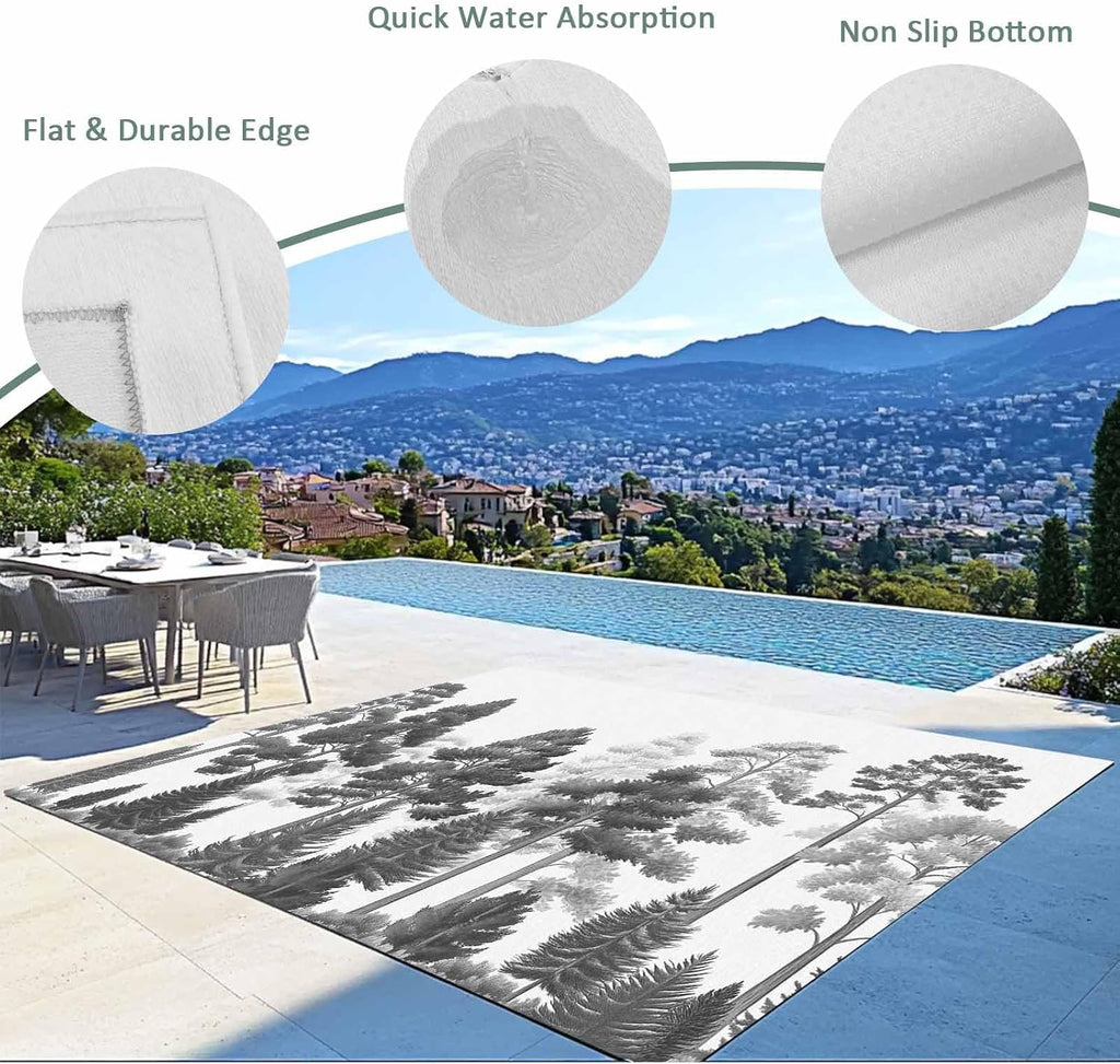 Outdoor Rug 4x6ft Black Gray Pine Tree Forest Maple Patio Area Rugs Waterproof Easy Cleaning Non Shedding Thick Mats Botanical Carpet for Indoor Outdoor Porch Deck Backyard Balcony