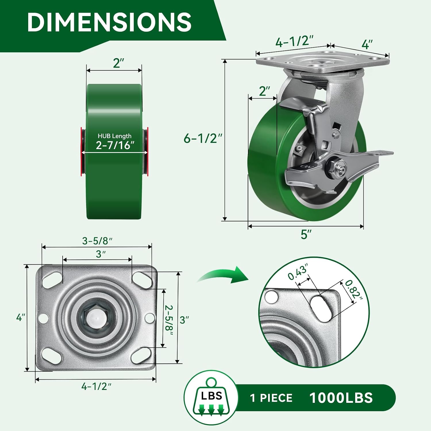 5x2 Heavy Duty Casters -Polyurethane on Aluminum Caster Wheel, Casters Set of 4 Heavy Duty with up to 4000LB Capacity- Widely Used in Tool Box,Workshop,Garage (2 Brake &2 Rigid)