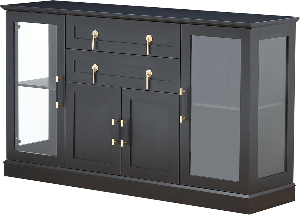 FOREST GRAVITY 58.27'' Buffet Cabinet with 2 Drawers,LED and Adjustable Shelves,Large Glass Door Coffee Bar Cabinet with Storage,Modern Farmhouse Sideboard Credenza for Kitchen,Black