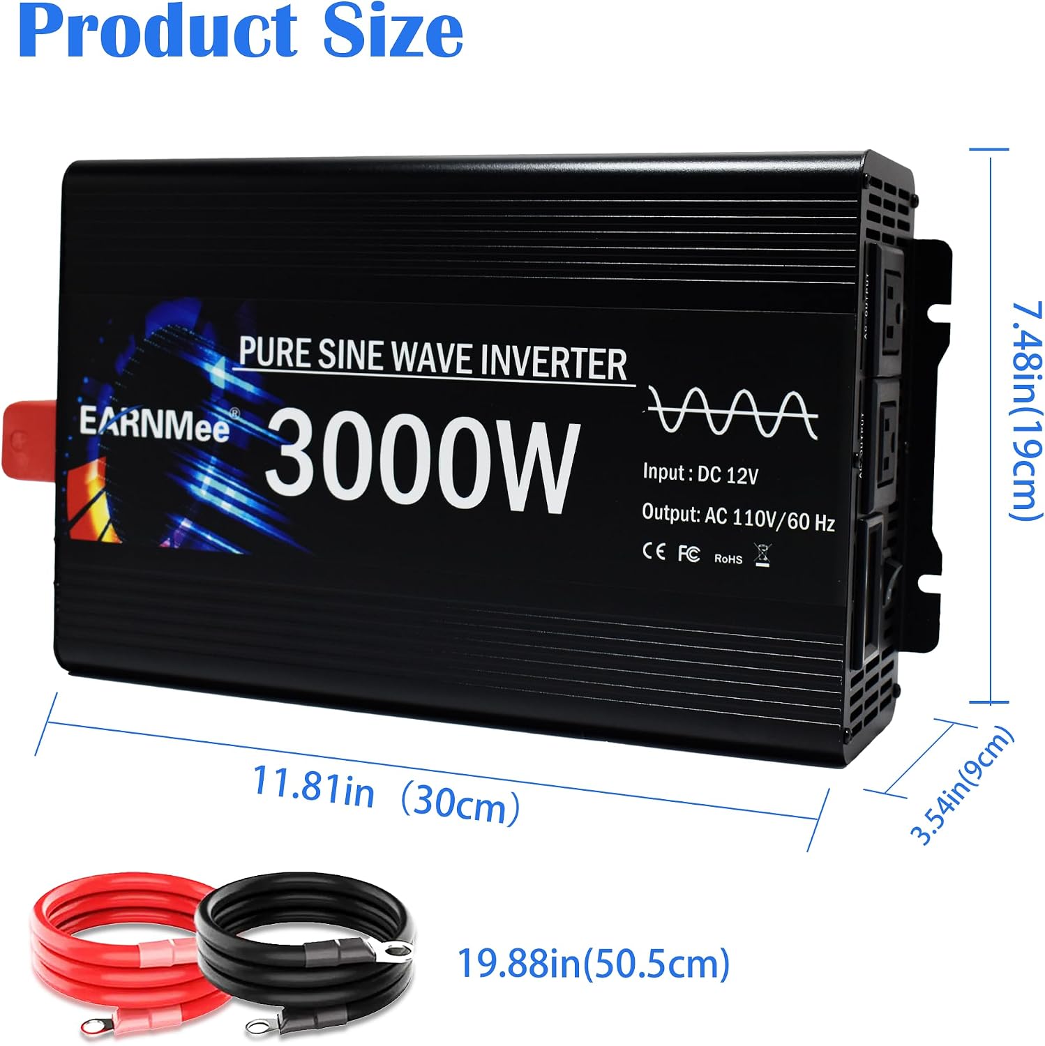 3000W Pure Sine Wave Inverter, Vehicle Converter,12V DC to 110V 120V AC for Car, RV, Truck, Home, Solar Power Inverter with LCD Display