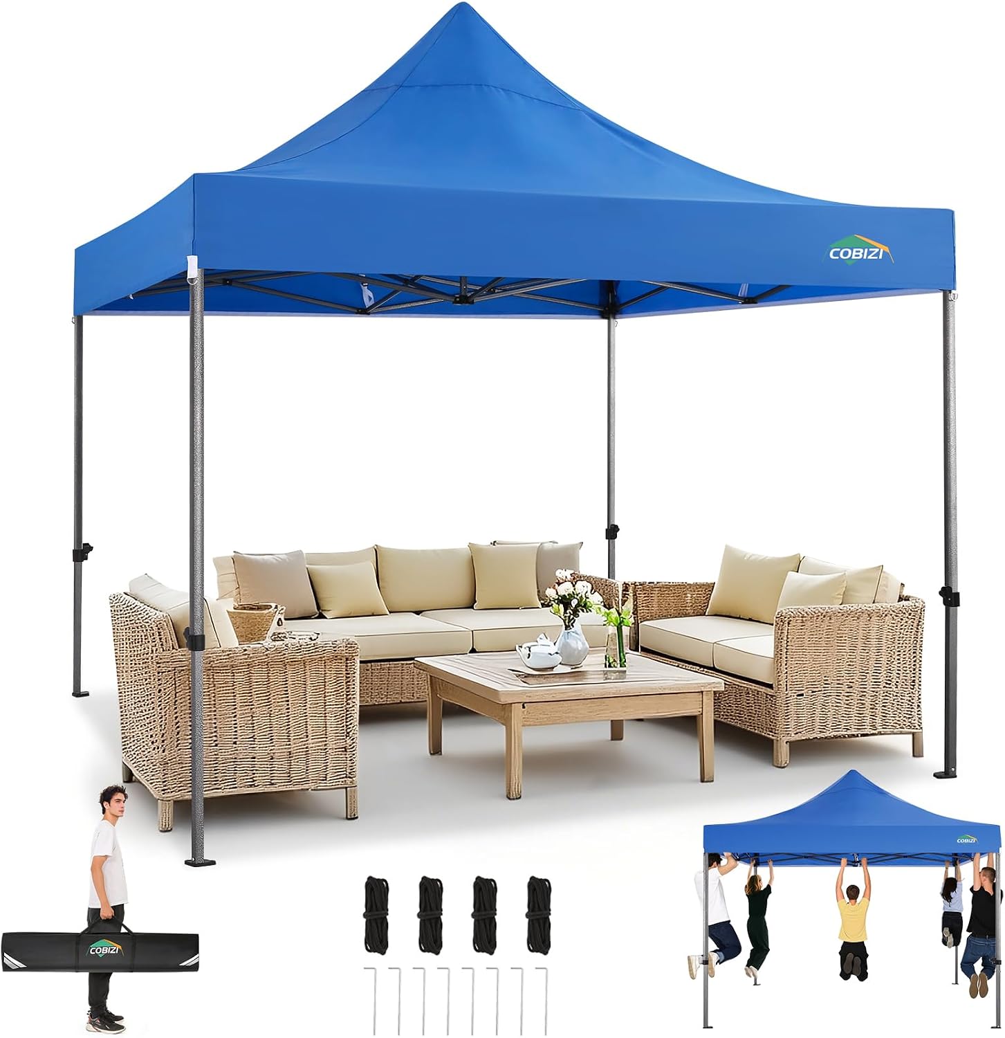 COBIZI 10x15 Heavy Duty Pop Up Canopy Tent with 4 Sidewalls Thicken Frame, Commercial Easy Up Outdoor Wedding Party Tents, All Season Waterproof Windproof with Stakes Sandbags Ropes Bag, Uranus