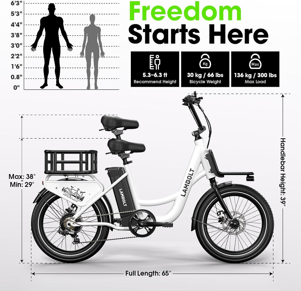 Electric Bike for Adults - 1000W Peak Motor Ebike with 48V15Ah Removable Battery, 20' x 3.0 Fat Tire Step-Thru 7-Speed Commuter Electric Bicycle, Up to 24 MPH, 70 Miles Range, UL 2849 Certified.