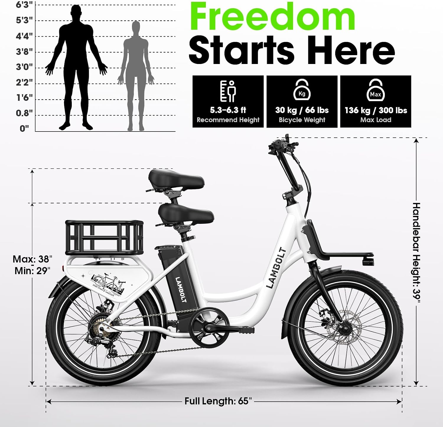 Electric Bike for Adults - 1000W Peak Motor Ebike with 48V15Ah Removable Battery, 20' x 3.0 Fat Tire Step-Thru 7-Speed Commuter Electric Bicycle, Up to 24 MPH, 70 Miles Range, UL 2849 Certified.