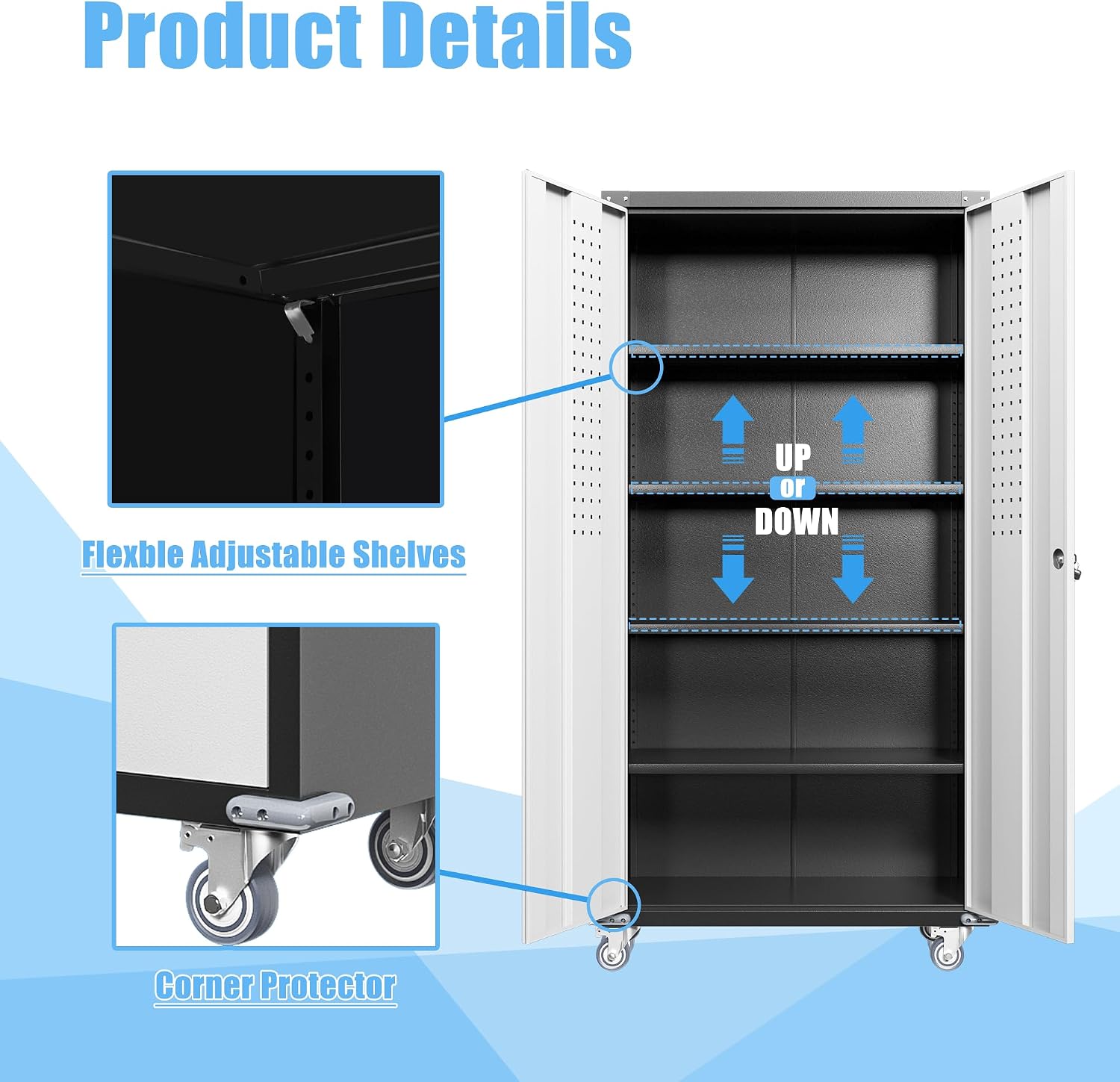 Upgraded Metal Storage Cabinet with Wheels, Lockable Rolling Garage Storage Cabinet with 2 Pegboard, Steel Garage Cabinets on Wheels with 4 Adjustable Shelves, White&Black