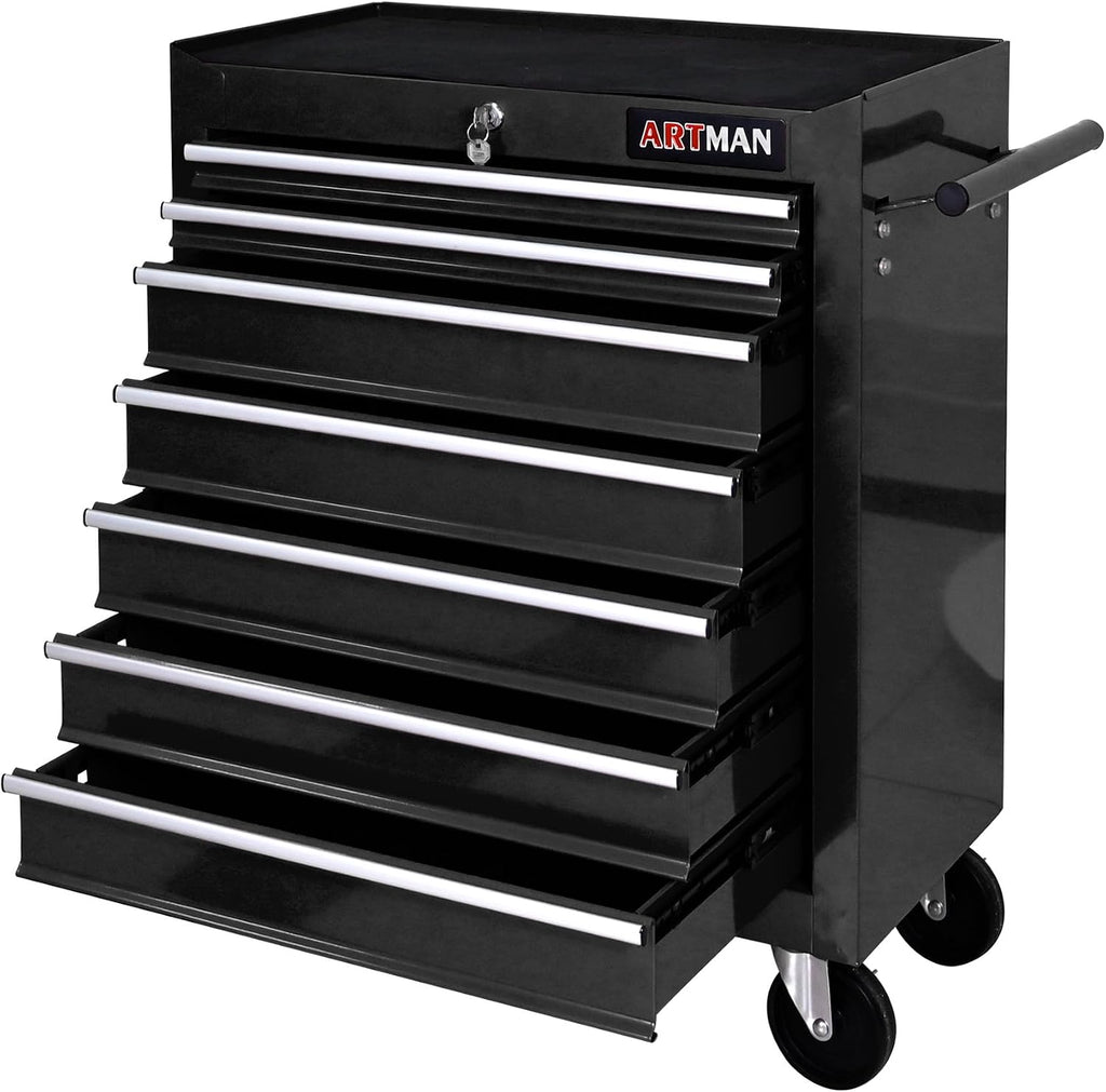 7 Drawers Tool Cart on Wheels, 7 Drawer Rolling Tool Chest with Key Lock, Trolley Organizer Tool Case, Multifunctional Rolling Tool Box for Garage,Warehouse,Workshop,Repair Shop (Black)
