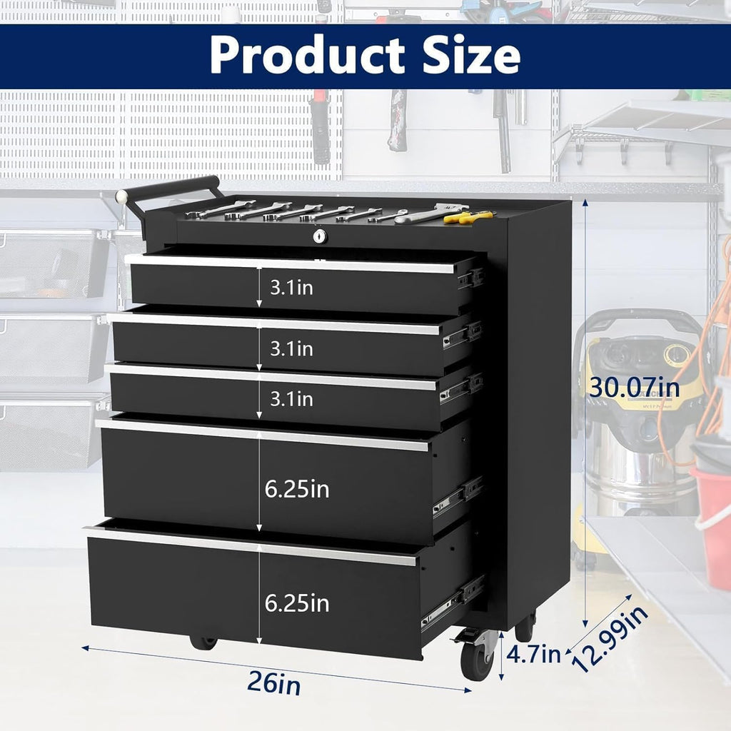 5-Drawer Tool Box with Wheels, Rolling Tool Chest and Organizer for Garage & Workshop, Includes Detachable Top, Lockable Wheels and Sliding Drawers, Essential Tool Chest Cabinet Organizer, 26 Inch