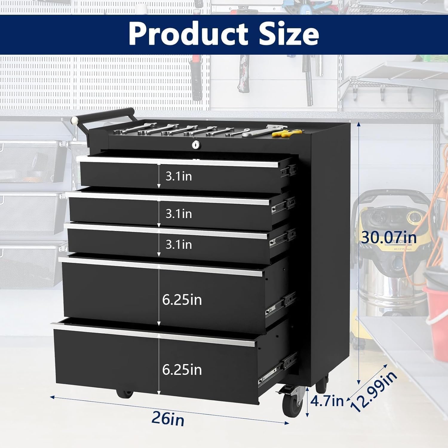 5-Drawer Tool Box with Wheels, Rolling Tool Chest and Organizer for Garage & Workshop, Includes Detachable Top, Lockable Wheels and Sliding Drawers, Essential Tool Chest Cabinet Organizer, 26 Inch