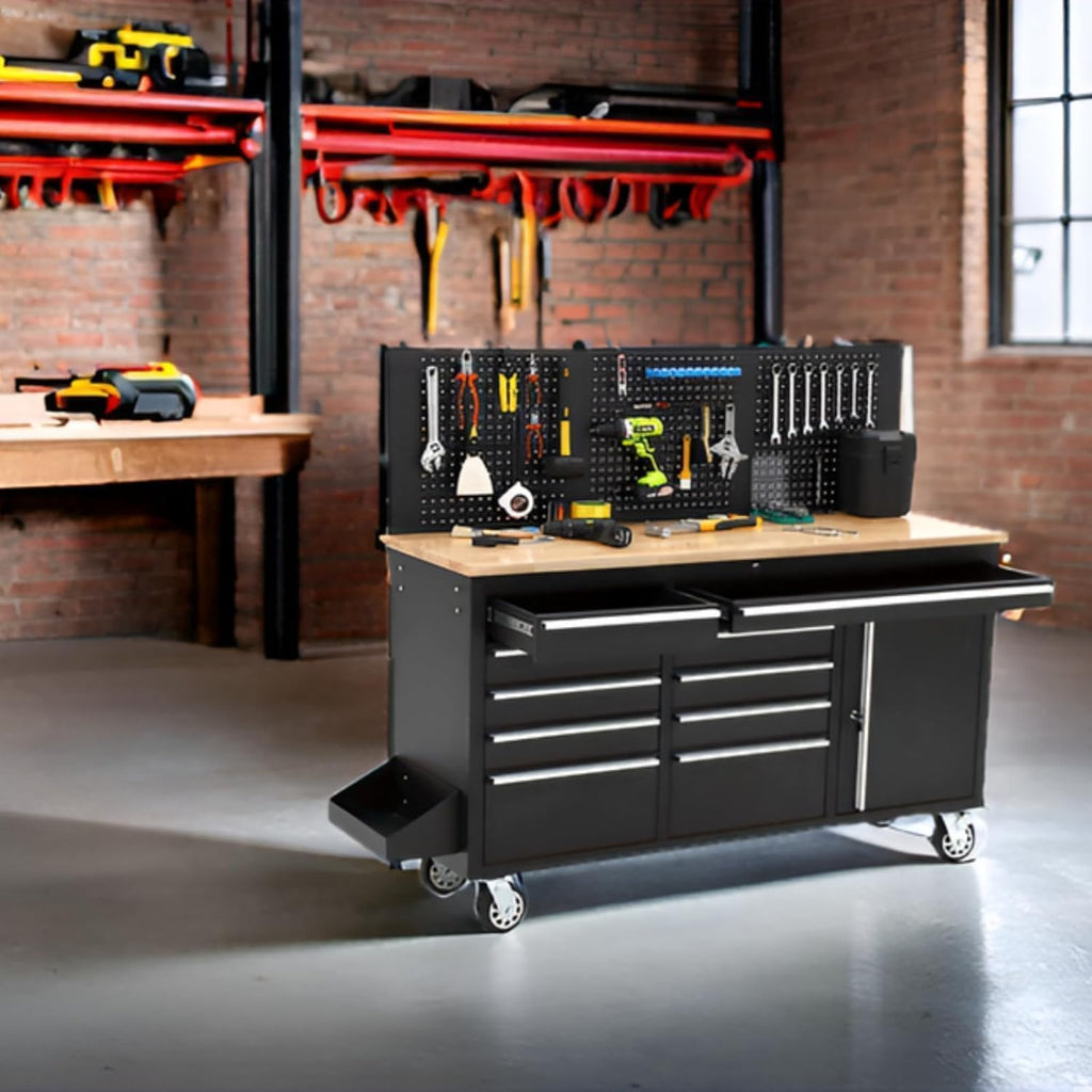 Tool Chest, 61 Inch Tool Box Mobile 9 Drawers Storage Rolling Cabinet with Wheels Lock Key Locking System Drawer Liners for Garage Warehouse Repair Shop, Black
