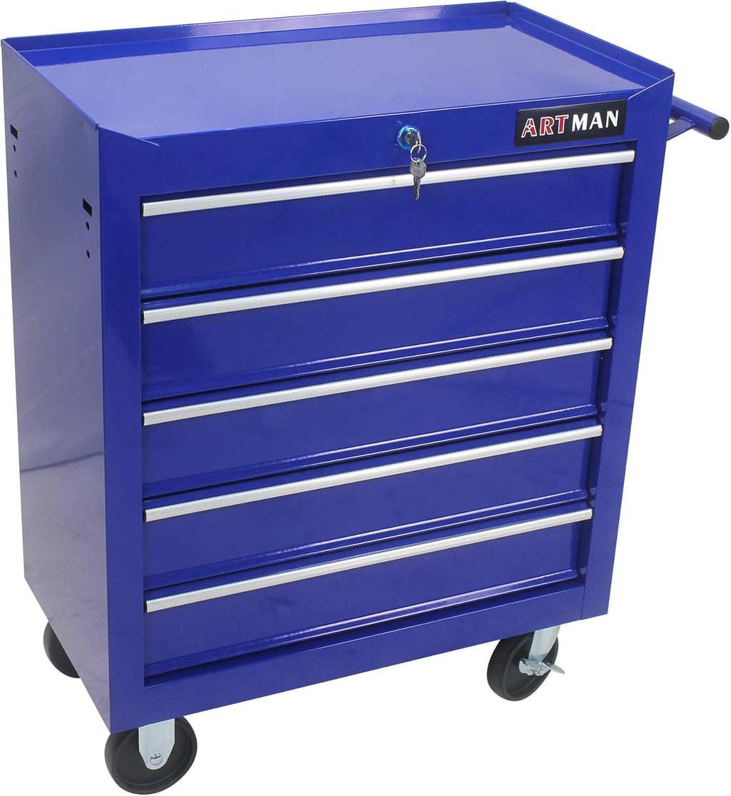 5-Drawer Tool Cart on Wheels, Drawers Rolling Tool Chest with Key Lock, Mobile Trolley Organizer Tools Box with Locking Wheels & Ball Bearing Drawers for Garage,Warehouse,Repair Shop (Blue)