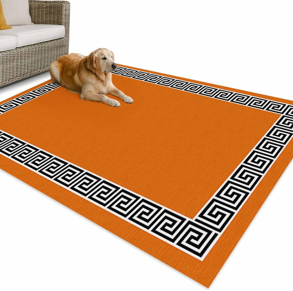 Outdoor Rug 4x6ft Black Simple Geometric Lines Border Patio Area Rugs Waterproof Easy Cleaning Non Shedding Thick Mats Orange Carpet for Indoor Outdoor Porch Deck Backyard Balcony