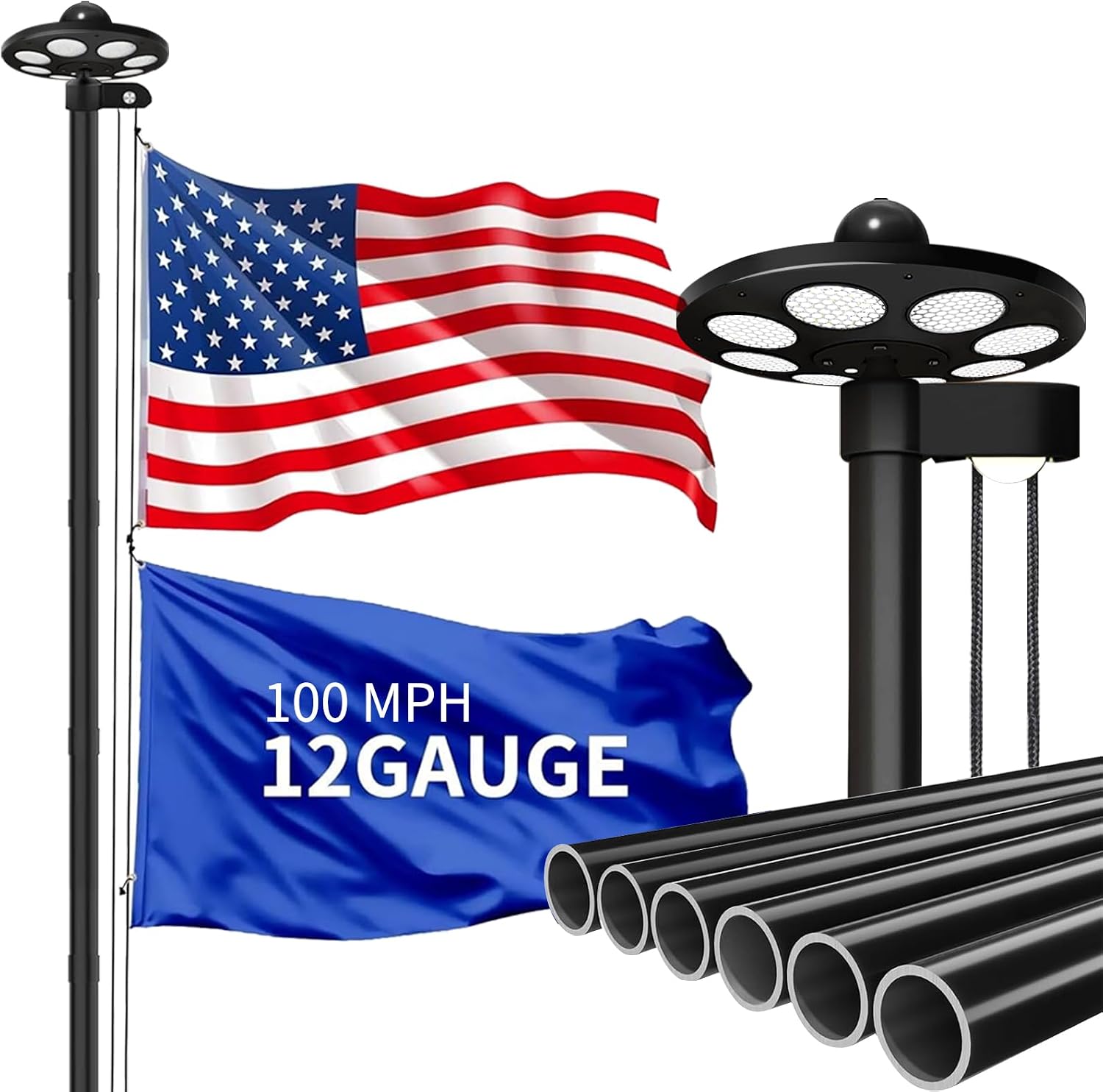 MXQMKL 25FT Heavy Duty Flagpoles Kit with 136 LED Solar Light,12 Gauge Extra Thick Flag Pole for Outside House in Ground for Outdoor with 3x5 American Flag for Outside Ip67 Waterproof,Black