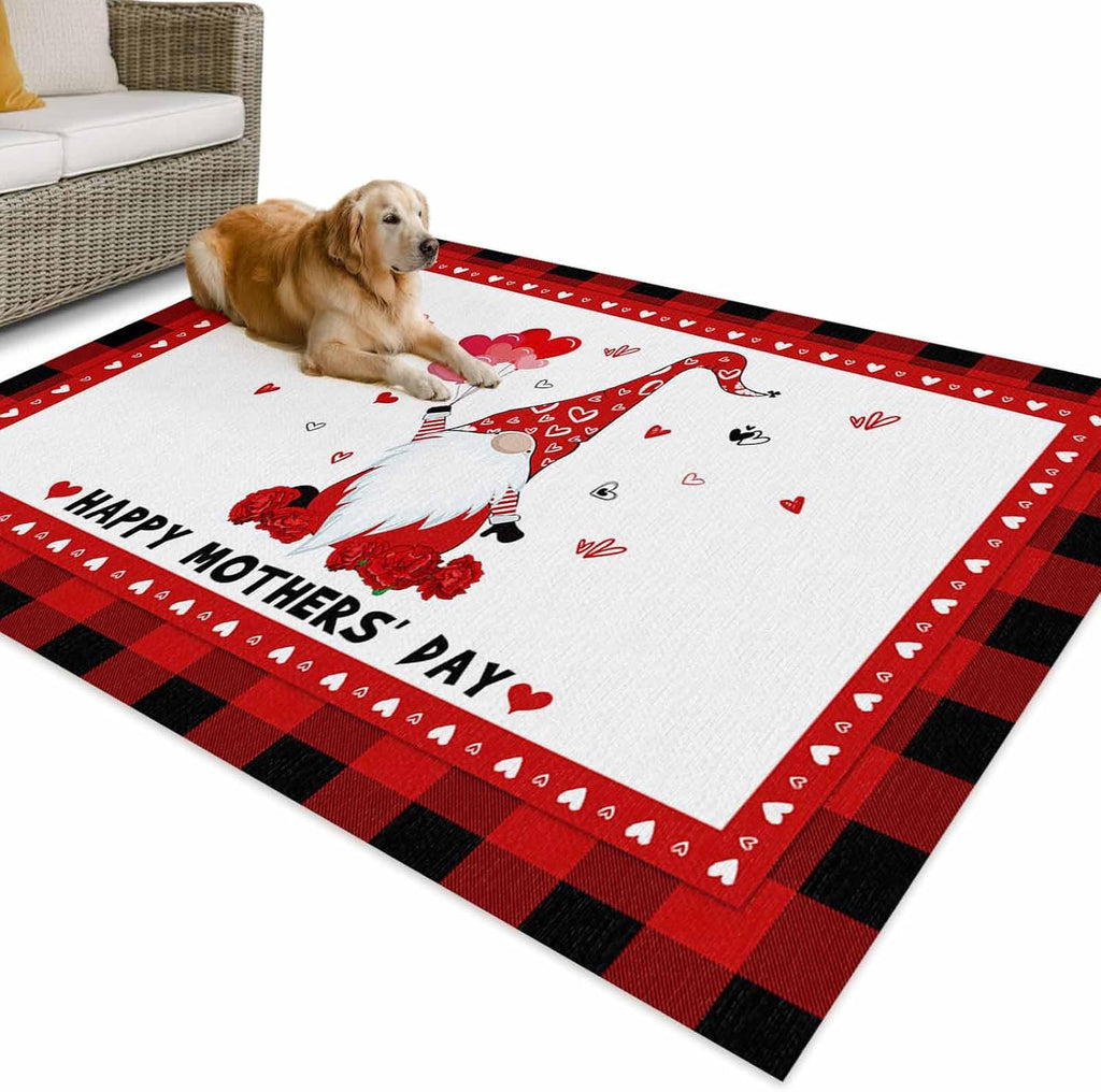 Outdoor Rug 4x6ft Mother's Day Carnation Dwarf Red Buffalo Check Patio Area Rugs Waterproof Easy Cleaning Non Shedding Thick Mats Black Carpet for Indoor Outdoor Porch Deck Backyard Balcony