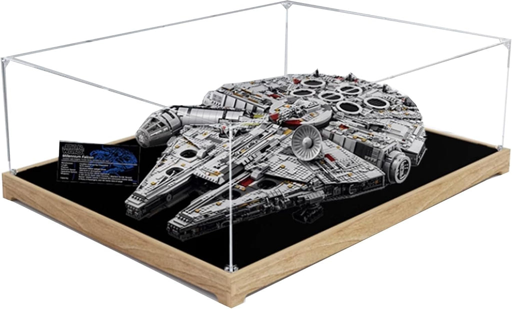 Acrylic Display Case for Lego 75192 Millennium Falcon Building Set,Clear Display Case, Dust-Proof Display Case Compatible with Lego 75192 (Only Display Case) (Flat Placement,Wooden Base A)
