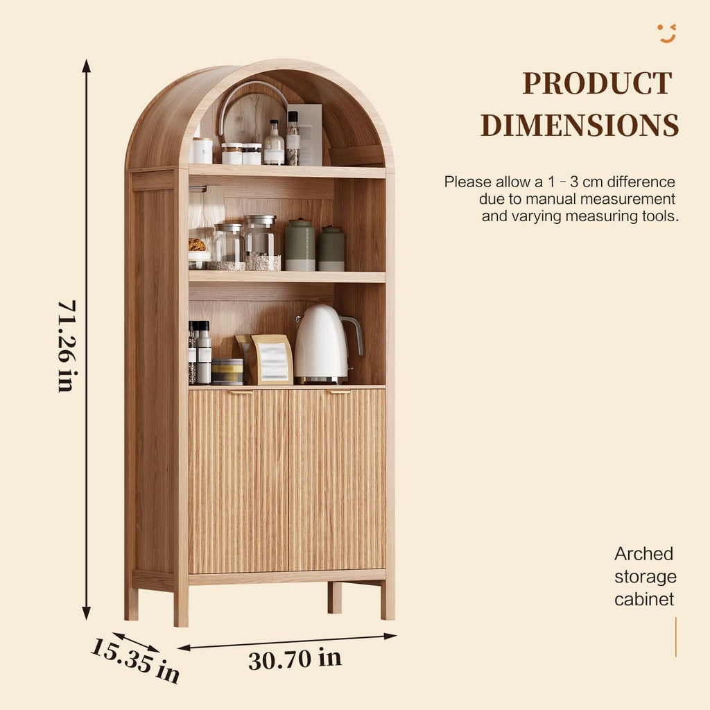 Ieejdn 71' Tall Arched Kitchen Pantry,Modern Fluted Wood Storage Cabinet with Doors,Adjustable Shelves,Organizer, Versatile Cupboard for Kitchen,Living Room,Dining Room,Bathroom,Wood