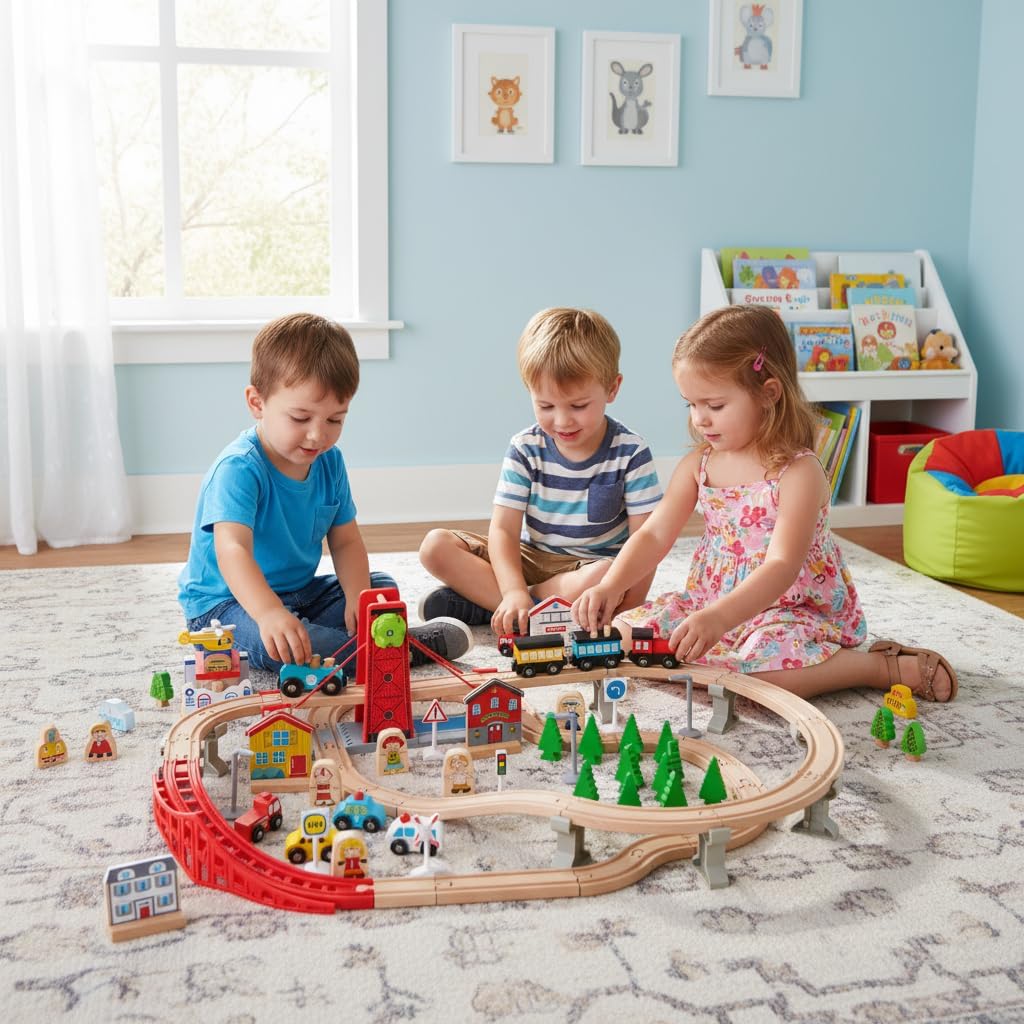 INFANS Train Table with Storage, 94 Pieces Wooden Kids Activity Toy Table Playset with 3 Foldable Boxes Reversible Detachable Tabletop, Tracks, Train, Railway, Gift for Toddler Boys Girls Ages 3+