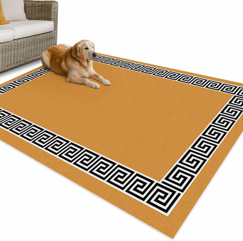 Outdoor Rug 4x6ft Modern Greek Geometric Art on Orange Patio Area Rugs Waterproof Easy Cleaning Non Shedding Thick Mats Geometric Carpet for Indoor Outdoor Porch Deck Backyard Balcony