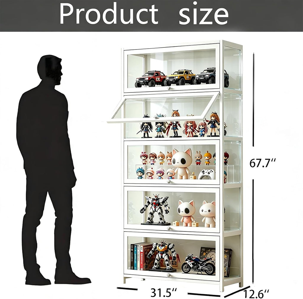 Curio Display Cabinet with Acrylic Glass Door, 5-Tier Display Case, Curio Cabinet & Bookcase for Collectibles, Display Shelf for Home, Reading Nook, Playroom, Living Room (White-flip Door)