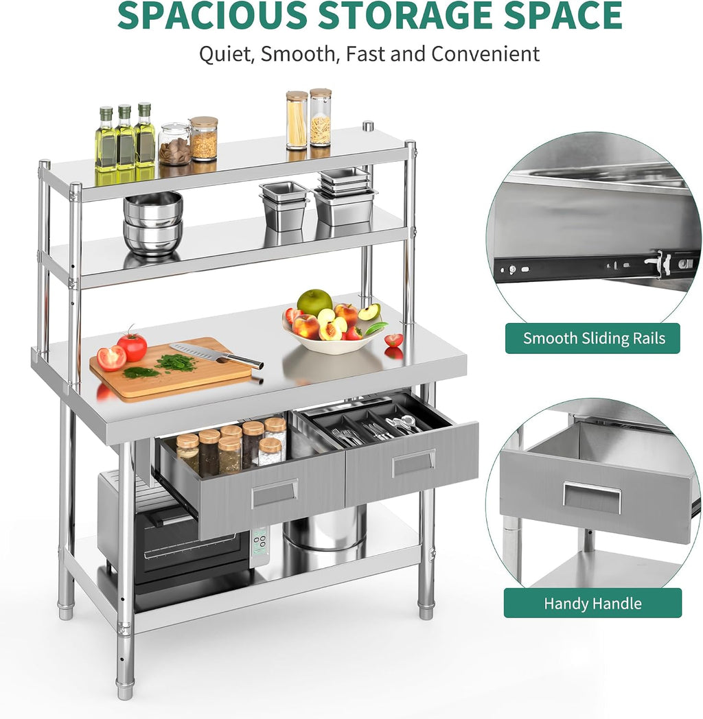 YITAHOME 48' × 24' Stainless Steel Table with Overshelves and 2 Drawers, NSF Worktable with 48' X 12' Shelf & 2 Drawers, Metal Prep Workstation for Home Kitchen Restaurant Garage Warehouse
