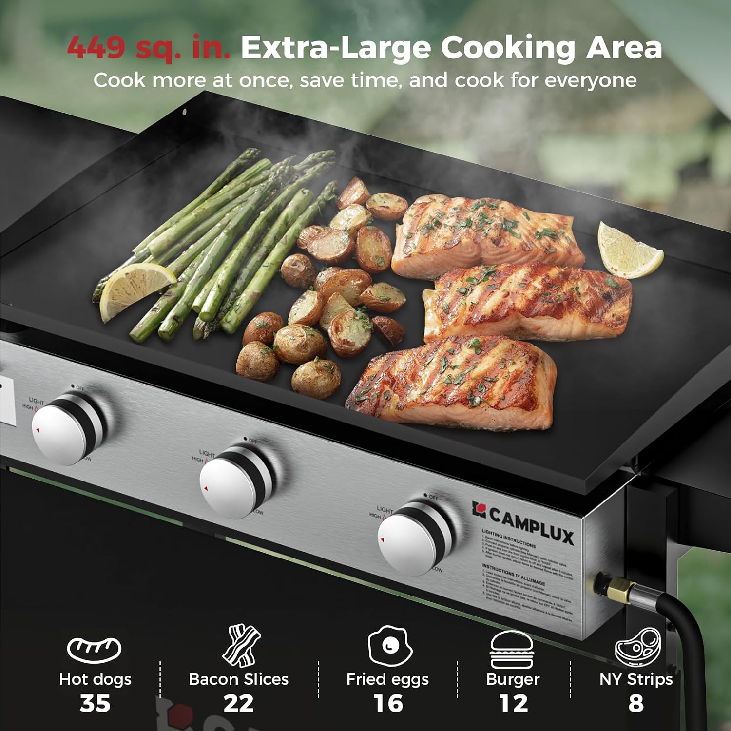 CAMPLUX Propane Griddle Flat Top, 3-Burner Gas Griddle with 3mm Thick Non-Deformable Plate & Ceramic Non-Stick Coating, 33,000 BTU Outdoor Cooking Station with Wheels and Side Shelves for Camping