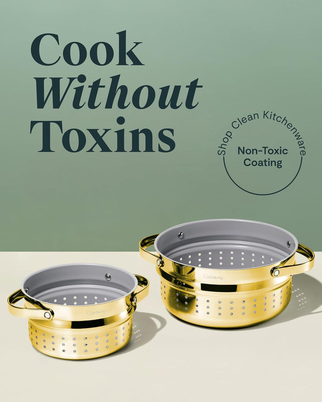 Caraway Small & Large Steamer Set – Made with Handles - Non Stick, Non Toxic Coating - Steam Veggies, Seafood, and More - Compatible With Our Dutch Oven or Sauce Pan – 3qt & 6.5qt - Gold