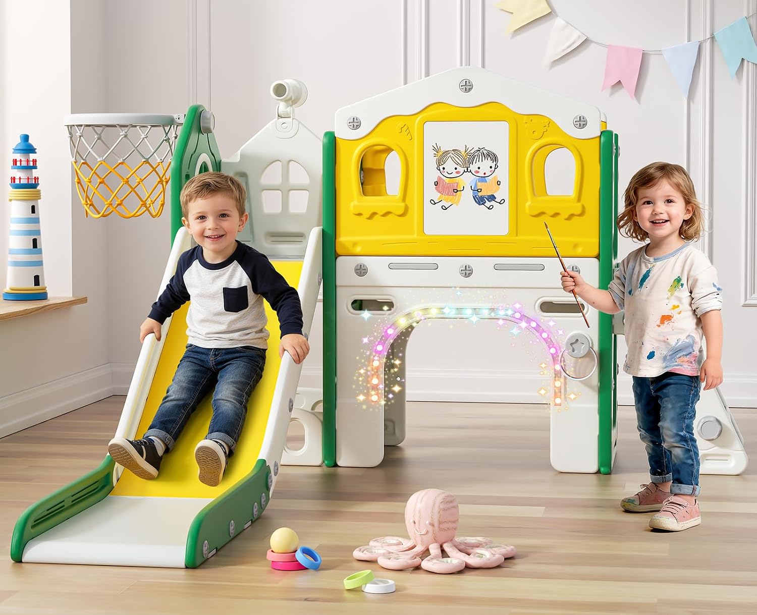 BIERUM 9 in 1 Toddler Slide Set - Baby Slide for Toddlers 1-3 with Colorful Lights, Drawing Board and Building Blocks Board, Indoor Outdoor Toddler Playset Playground, Green Yellow