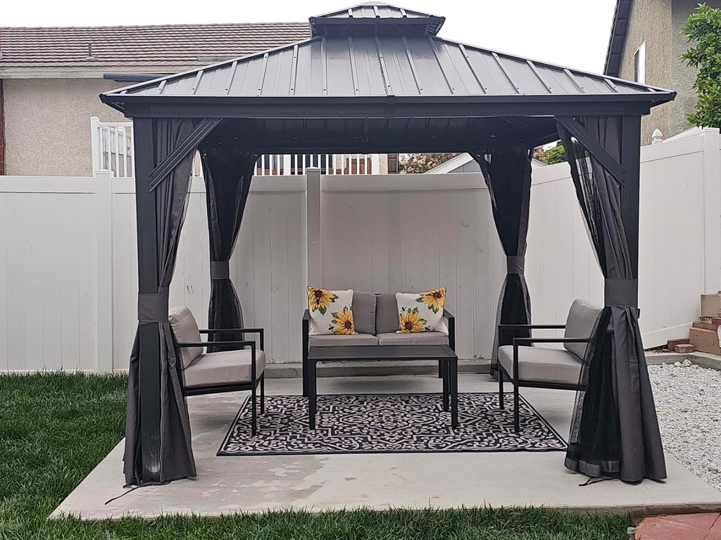 Domi 10' x 10' Hardtop Gazebo Outdoor Metal Gazebo with Galvanized Steel Double Roof Canopy, Curtains and Netting for Patio, Backyard, Deck, Lawn, Grey