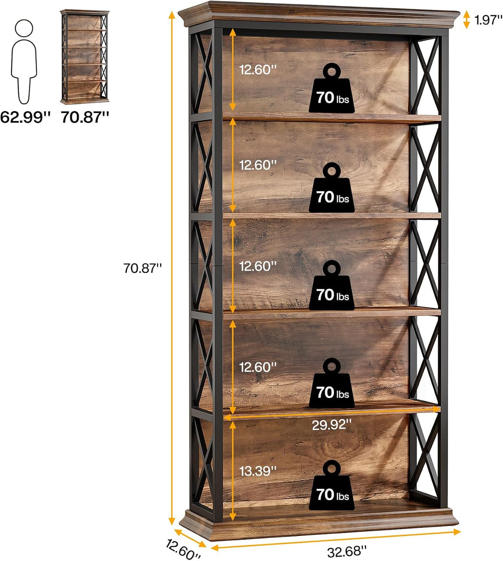 Tribesigns 6-Tier Bookcase, 71 Inches Industrial Bookshelves and Bookcases, Floor Standing 5 Shelf Display Storage Shelves Tall Bookcase for Home Office, Living Room, Bed Room, Brown and Black