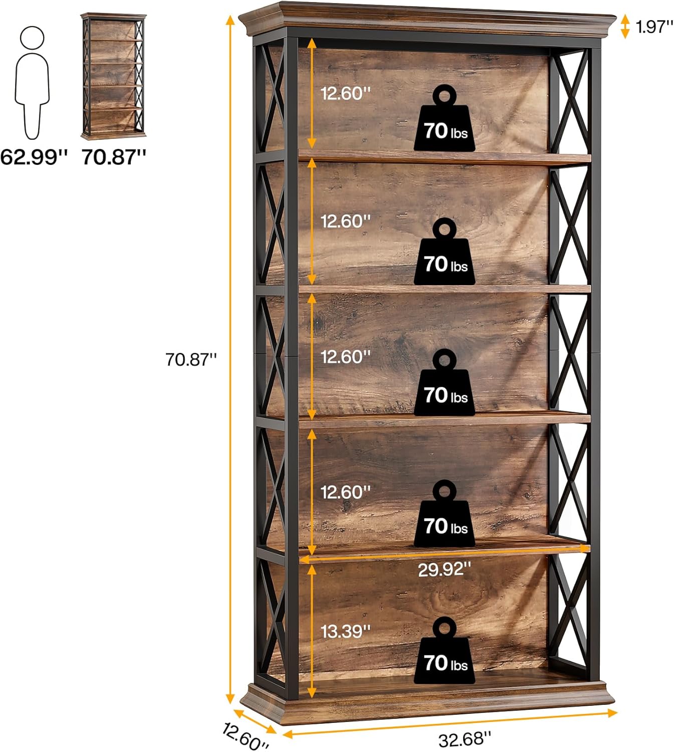 Tribesigns 6-Tier Bookcase Set of 2, 71 Inches Industrial Bookshelves and Bookcases, Floor Standing 5 Shelf Display Storage Shelves Tall Bookcase for Home Office, Living Room, Bed Room