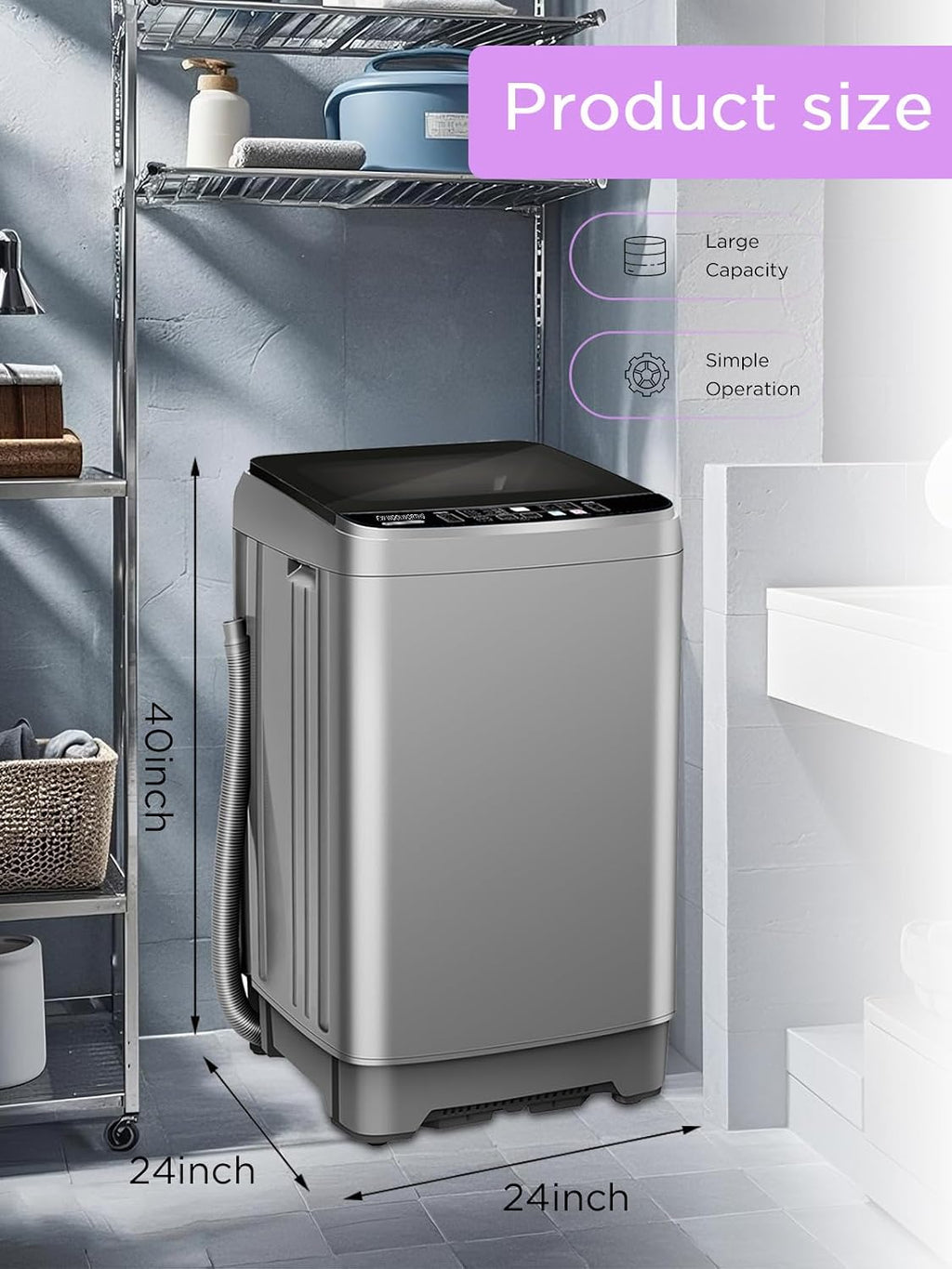 F.W.WOOLWORTHS 25 Lbs Full Automatic Washing Machine with Drain Pump, 10 Wash Programs 8 Water Levels, 9 KG Washer with LED Display for Dorm, Apartment, Home, Grey