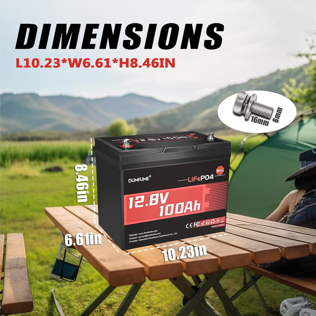 12V 100Ah Mini LiFePO4 Lithium Battery, Built-in 100A BMS,1280Wh Deep Cycle Rechargeable Battery 6000+ Cycles 10-Year Lifespan for RV, Solar, Off-Grid and Home Energy Storage