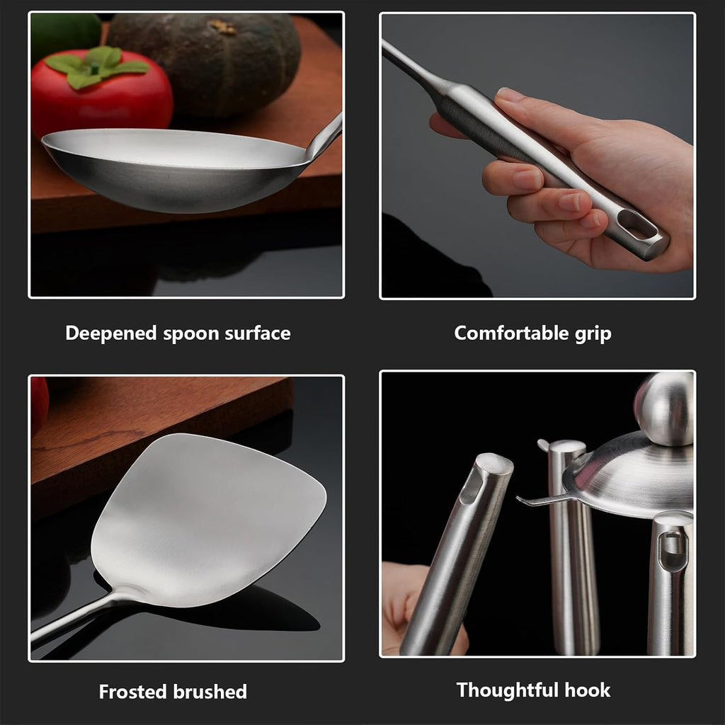 304 Stainless Steel Kitchen Utensils Set 7 Piece Stainless Steel Cooking Utensils Set with Utensil Holder Non Stick Non-Slip Heat-Resistant Handle BPA Free Dishwasher Safe