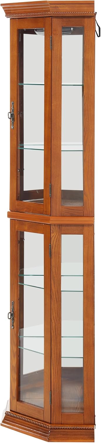 Ball & Cast 70' H Lighted Corner Curio Cabinet, Glass Display Cabinet with 6 Tempered Adjustable Glass Shelves and Doors,Include Light Bulb, Rack for Living Room,Oak
