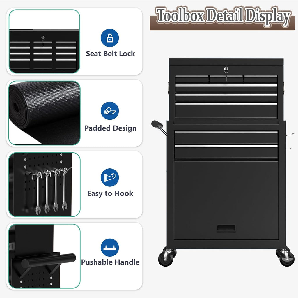 8 Drawer Tools Chest,42.9 inch Tool Cabinet with Universal Lockable Wheels，Organizable Tool Box with Detachable Top Box for Workshop，Black