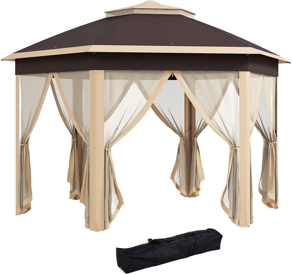 Outsunny 13' x 13' Pop Up Gazebo, Hexagonal Canopy Shelter with 6 Zippered Mesh Netting, Event Tent with Strong Steel Frame for Patio Backyard Garden Wedding Party, Beige
