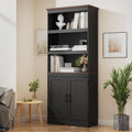 MHOM 71' Tall Bookshelf with Doors, 5 Tiers Farmhouse Bookcase with Adjustable Shelves, Wooden Rustic Display Cabinet for Home Office, Living Room, Black