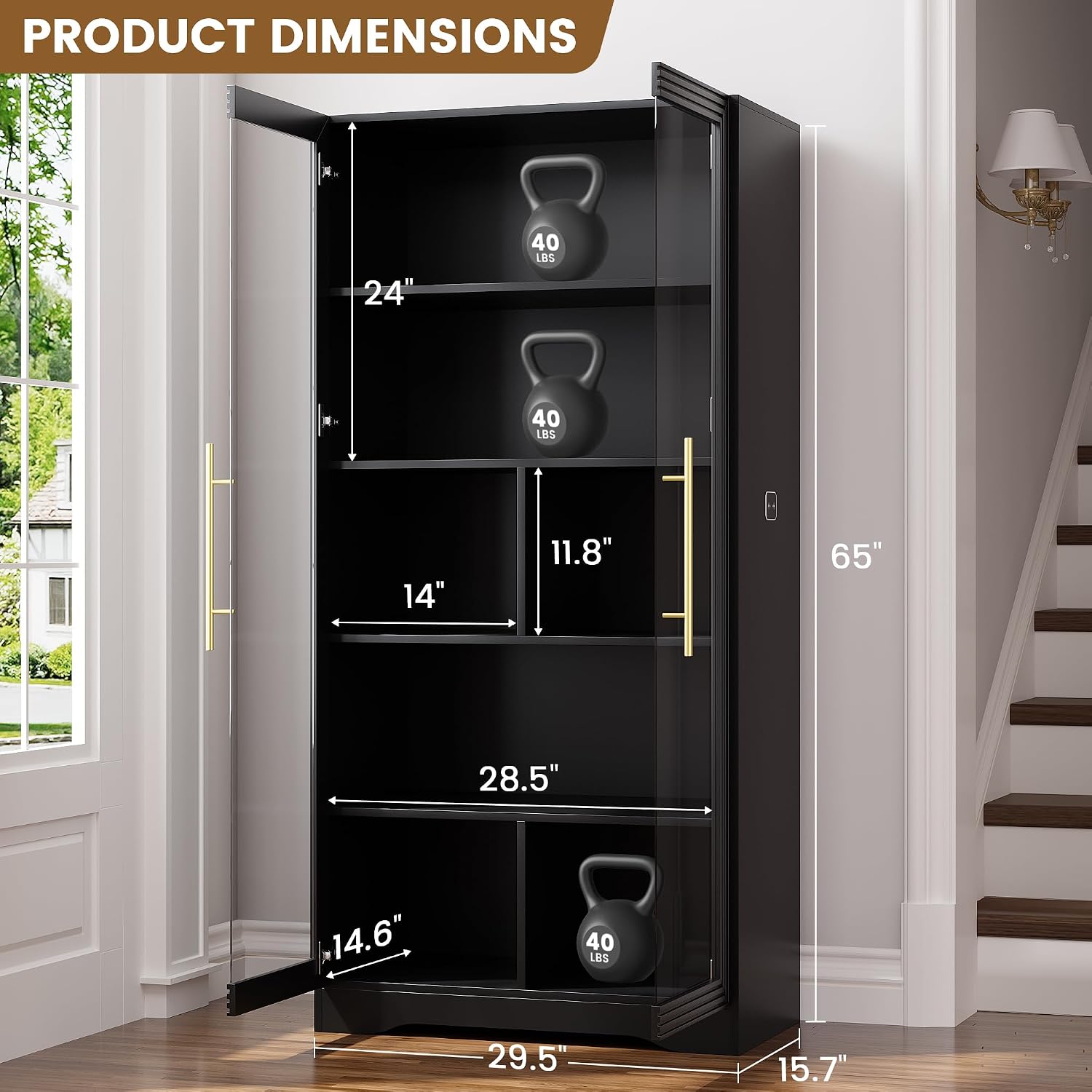 LVSOMT Display Cabinet with Glass Doors and Adjustable Shelves, 65' Tall Bookcase with LED Lights and Human Sensor, 5 Tier Display Case for Collectibles with Storage, Home Office Living Room, Black