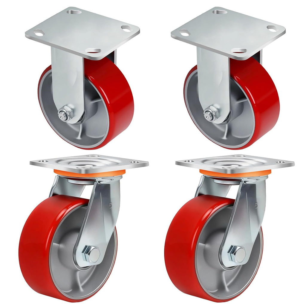5 Inch Heavy Duty Caster Wheels Set of 4,Load 4000Lbs,Polyurethane Silent Steel Wheels,Industrial Plate Caster for Automotive Molds,Large Shelving,U-Boat Cart(2 Swivel & 2 Rigid)