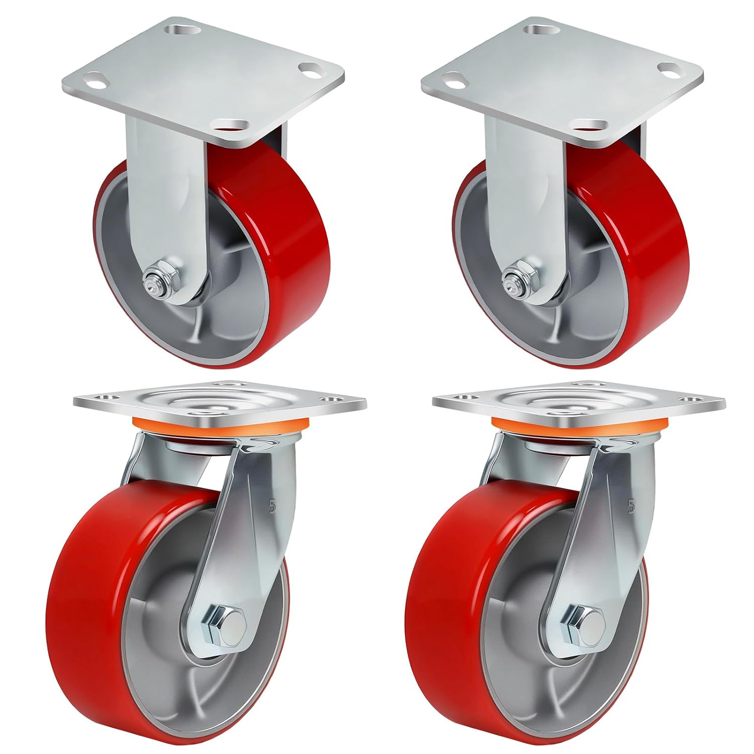 5 Inch Heavy Duty Caster Wheels Set of 4,Load 4000Lbs,Polyurethane Silent Steel Wheels,Industrial Plate Caster for Automotive Molds,Large Shelving,U-Boat Cart(2 Swivel & 2 Rigid)