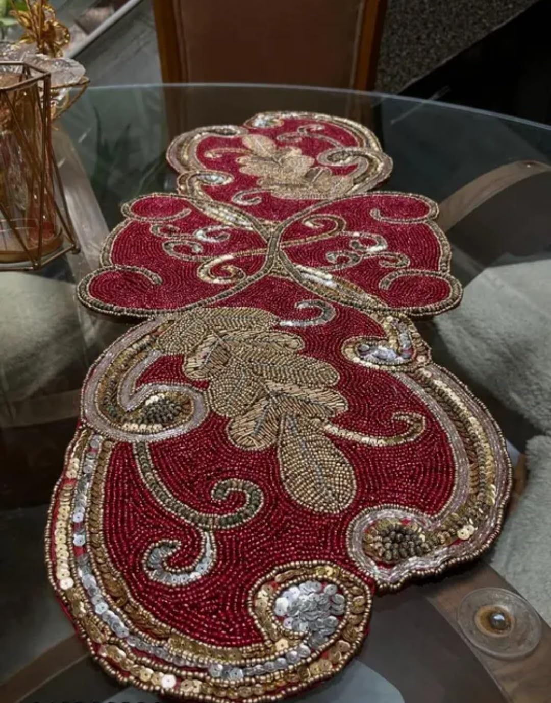 Beaded Table Runner, Red and Gold, Heart-Shaped Design, Decorative Embellished Centerpiece