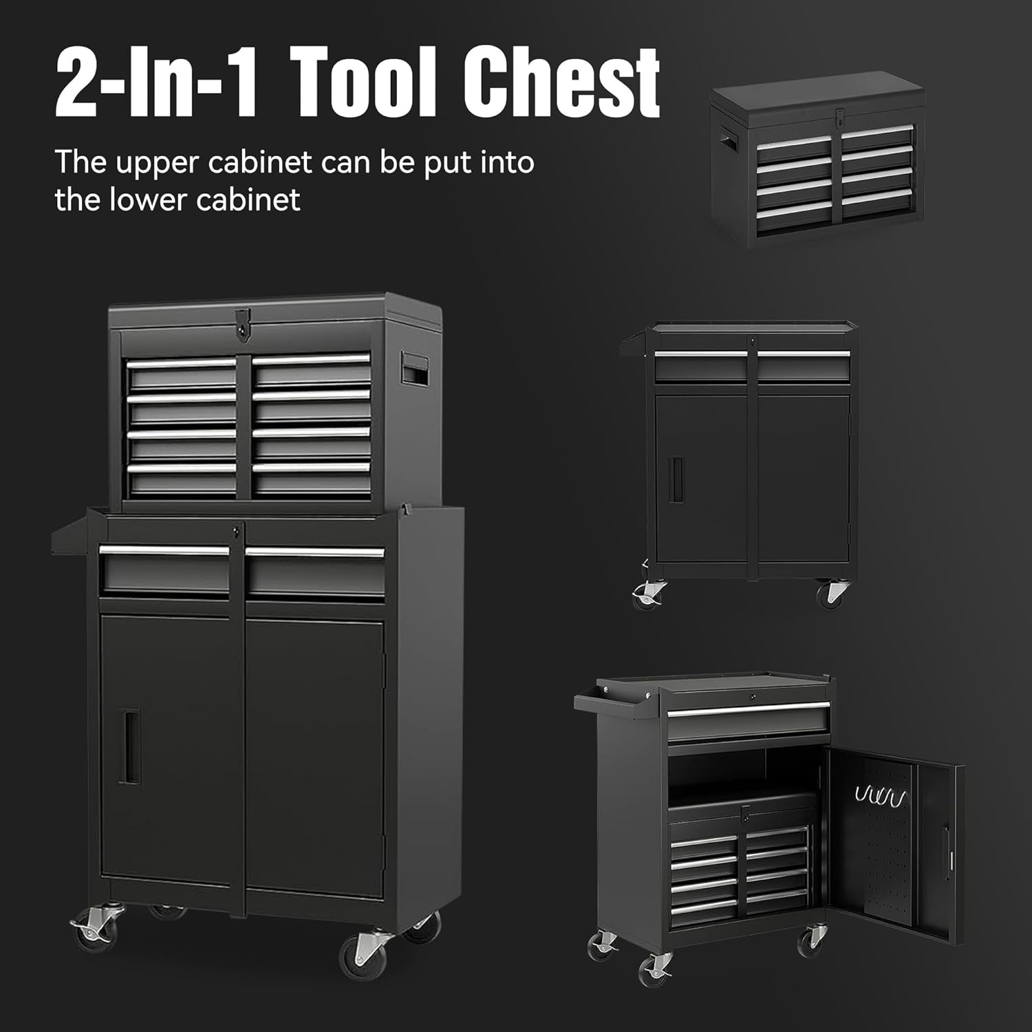 Tool Chest, 5-Drawer Rolling Tool Storage Cabinet with Detachable Top Tool Box, Liner, Universal Lockable Wheels, Adjustable Shelf, Locking Mechanism, Metal Tool Cart,154pcs Tools