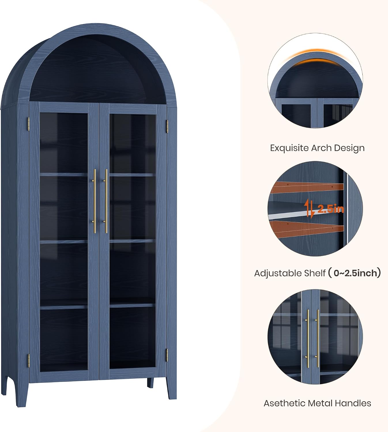 IDEALHOUSE Arched Kitchen Pantry Storage Cabinet - Farmhouse 5-Tier Display Shelf with 2 Large Glass Doors and Adjustable Shelf, Versatile Cupboard for Kitchen, Dining Room, Living Room, Night Blue