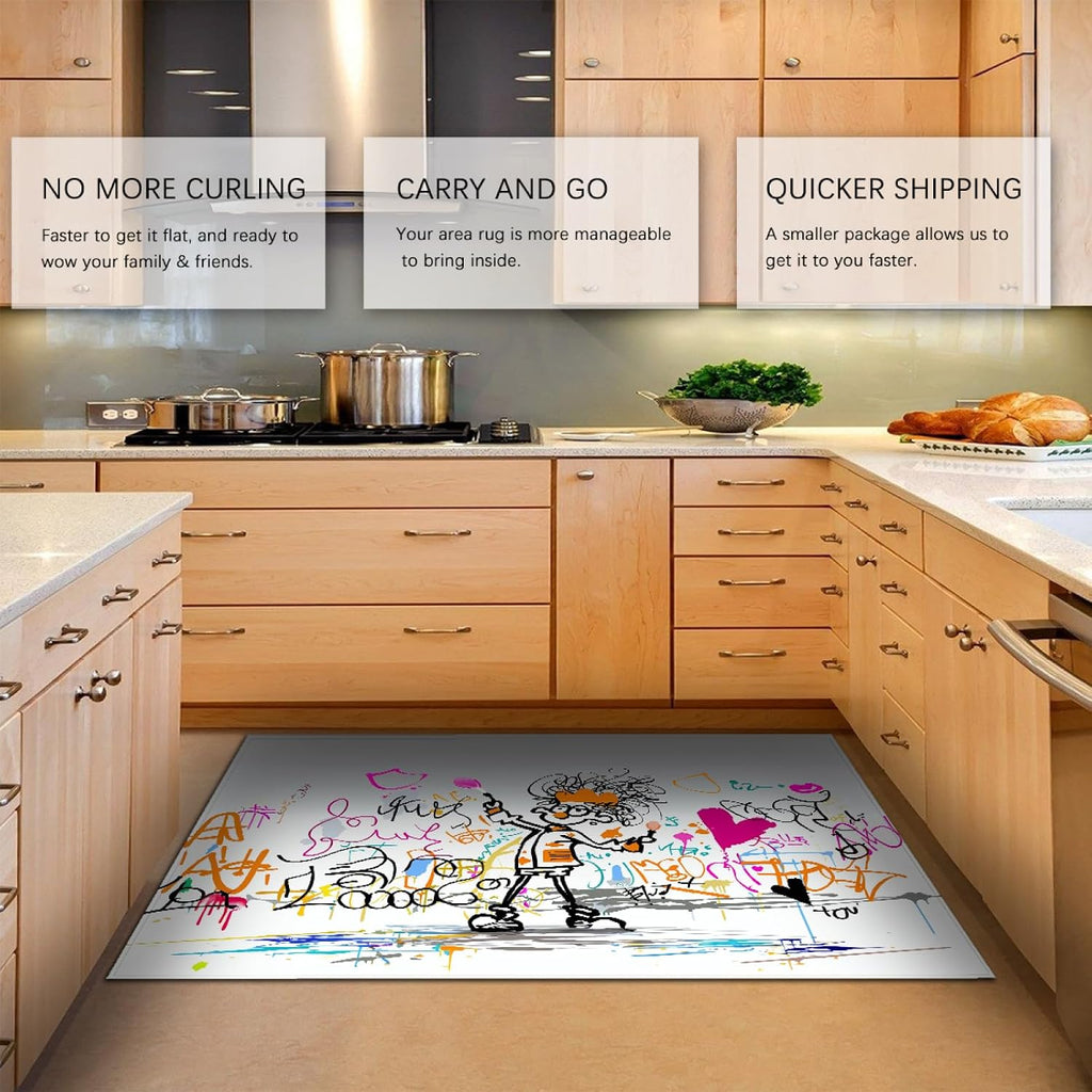 Modern Cute Graffiti Area Rug 6'x7' - Creative Cartoon Pattern Easy-Cleaning Non Slip Entry Floor Carpet Washable Rug for Living Room