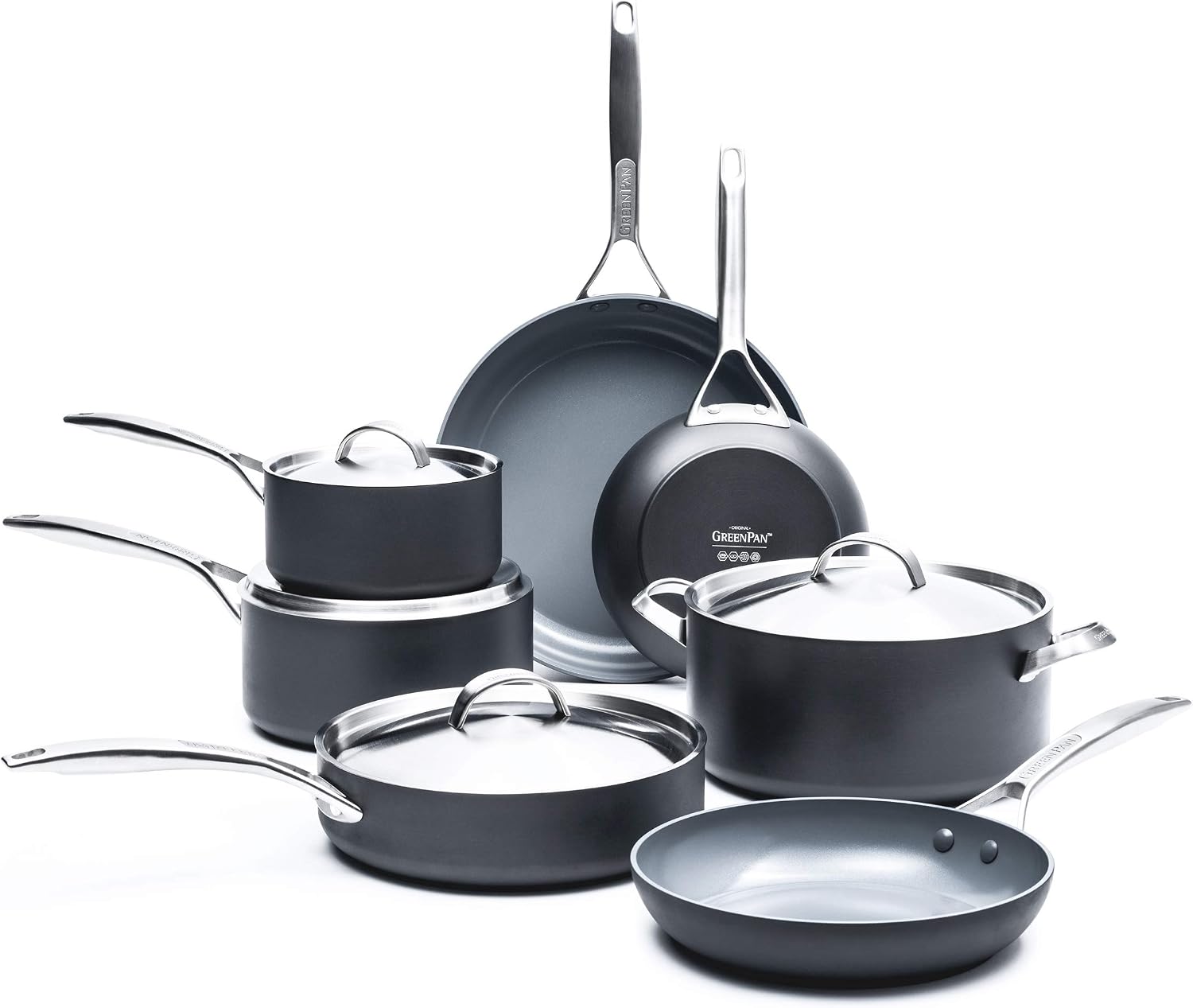 GreenPan Paris Pro Hard Anodized Healthy Ceramic Nonstick, 11 Piece Cookware Pots and Pans Set with Stainless Steel Lids, PFAS-Free, Dishwasher Safe, Grey & Cooking Tools 5 Piece Utensil Set, Black